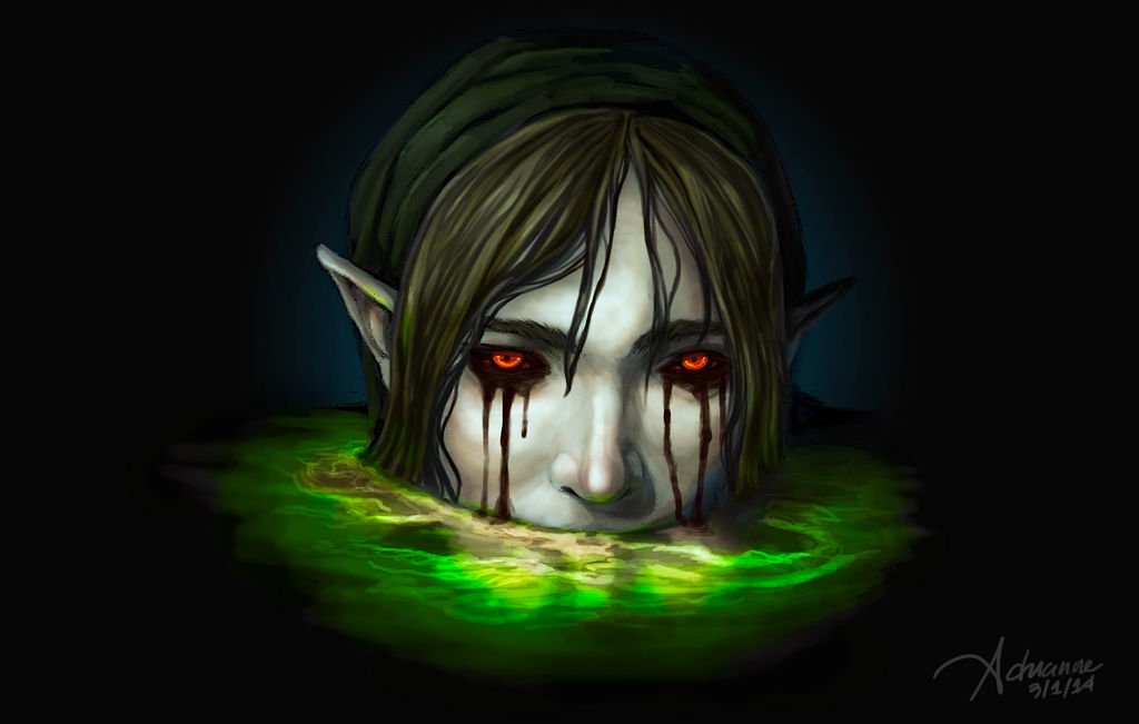 The dark, eerie face of BEN Drowned from The Legend of Zelda emerges from glowing green water, with haunting red eyes and black tears, capturing a chilling Creepypasta vibe.