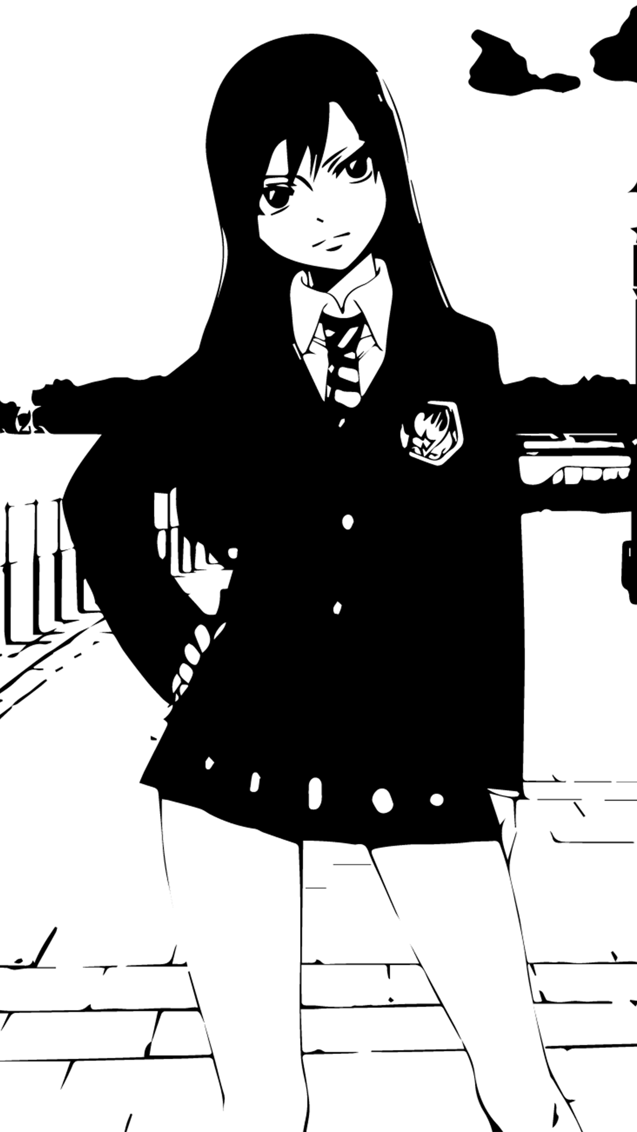 High-contrast anime illustration of Erza Scarlet from Fairy Tail wearing a school uniform, hands on hip and a confident expression, standing on a tiled outdoor walkway.