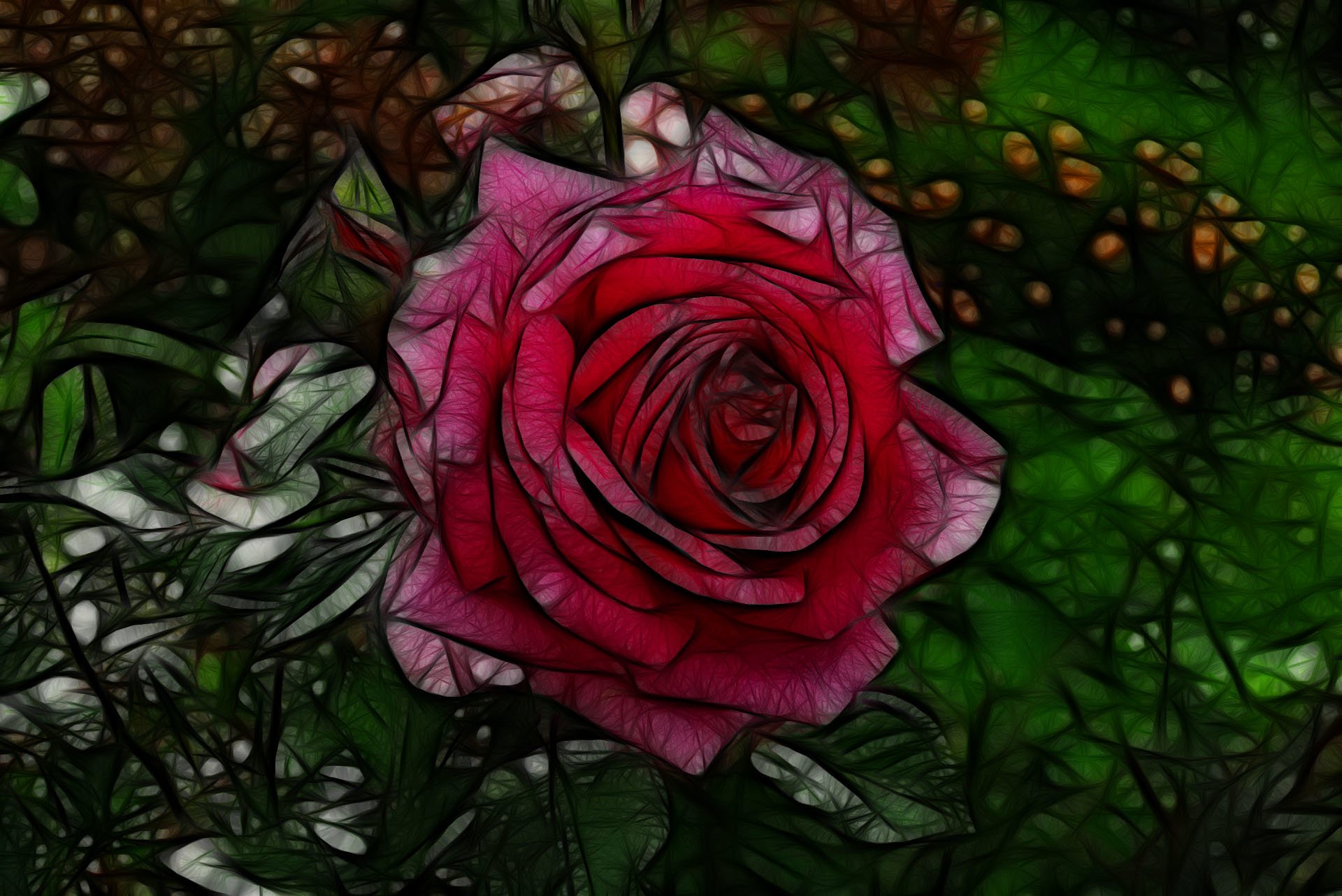 Artistic illustration of a vibrant red rose surrounded by dark green foliage, featuring intricate, stained-glass-like detailing.