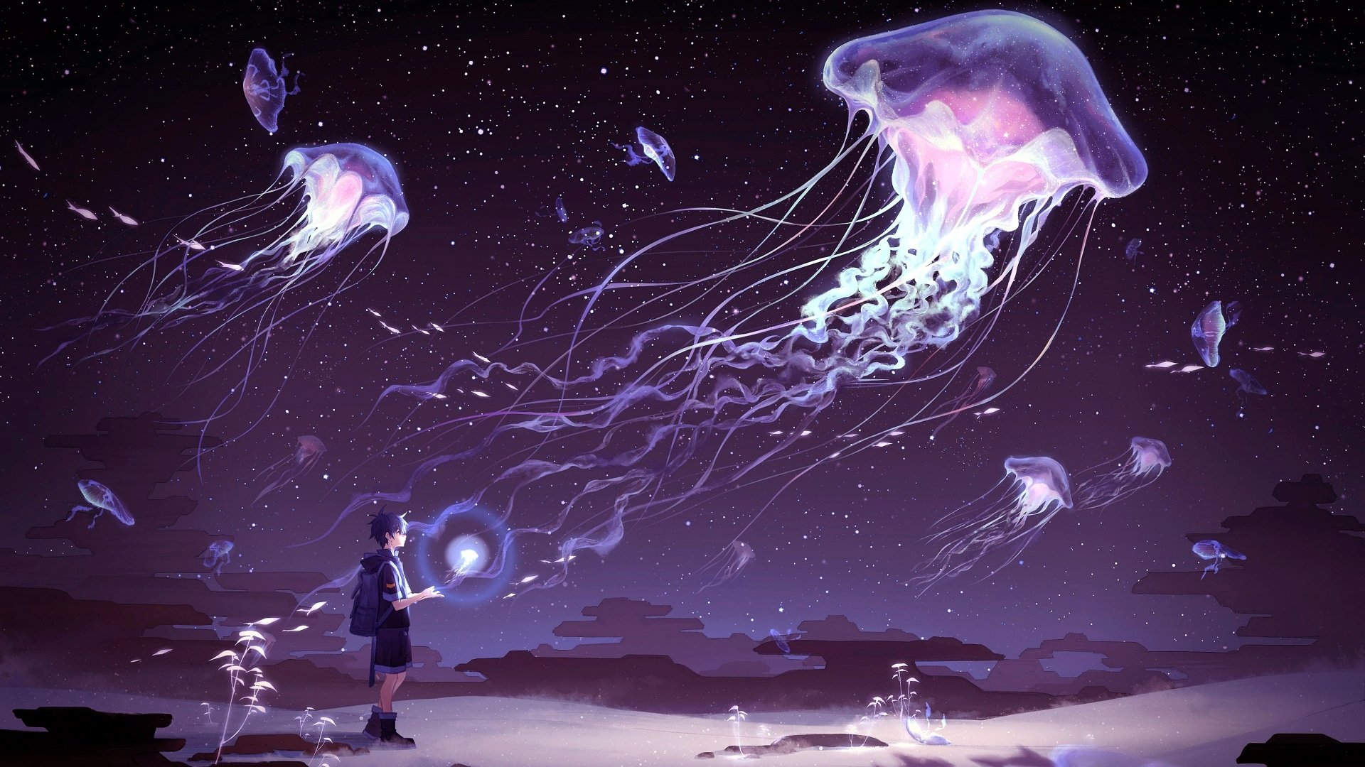 A person stands in a fantastical landscape, gazing at glowing jellyfish floating in a starry sky, blending elements of anime and wildlife in a vibrant, dreamlike scene.
