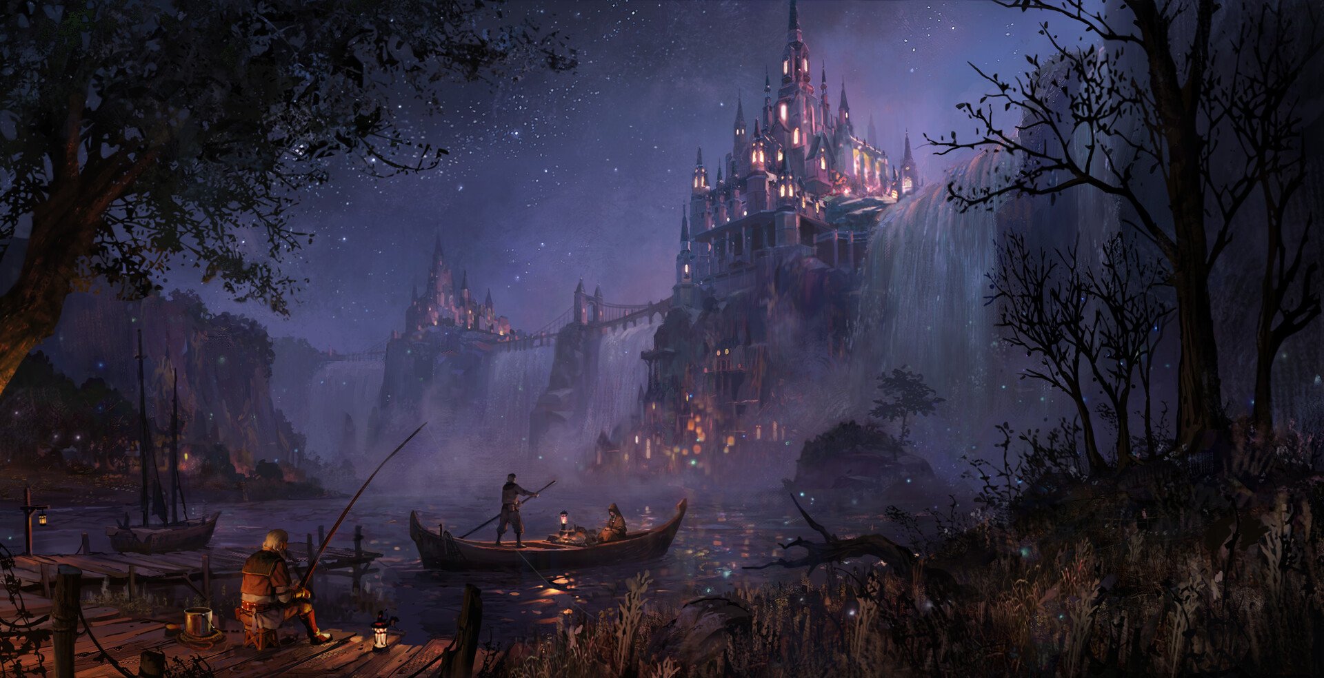 A mystical fantasy city perched atop a rocky hill, glowing with warm lights under a starry night sky, surrounded by dark waters and silhouetted trees.