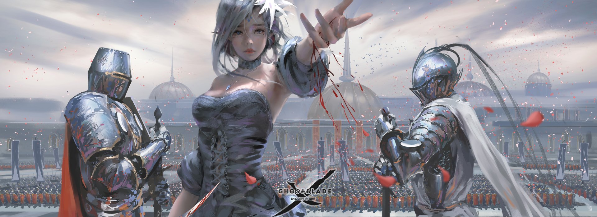 A dramatic scene from the comic GhostBlade, featuring a powerful figure in a flowing gown, flanked by armored knights in a grand setting, with a sense of tension and anticipation.