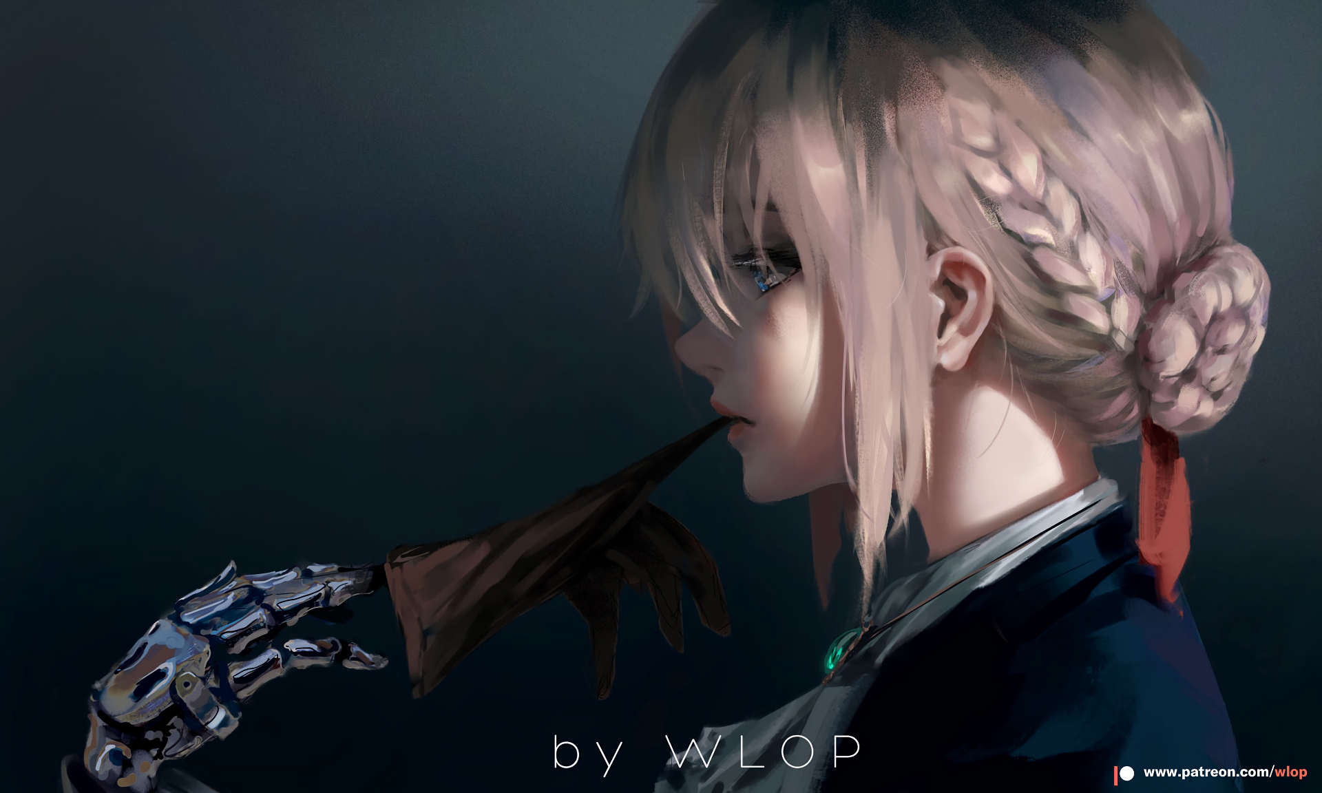 A profile view of Violet Evergarden from the anime, featuring her striking appearance with soft hair, a robotic arm, and a contemplative expression against a dark background.
