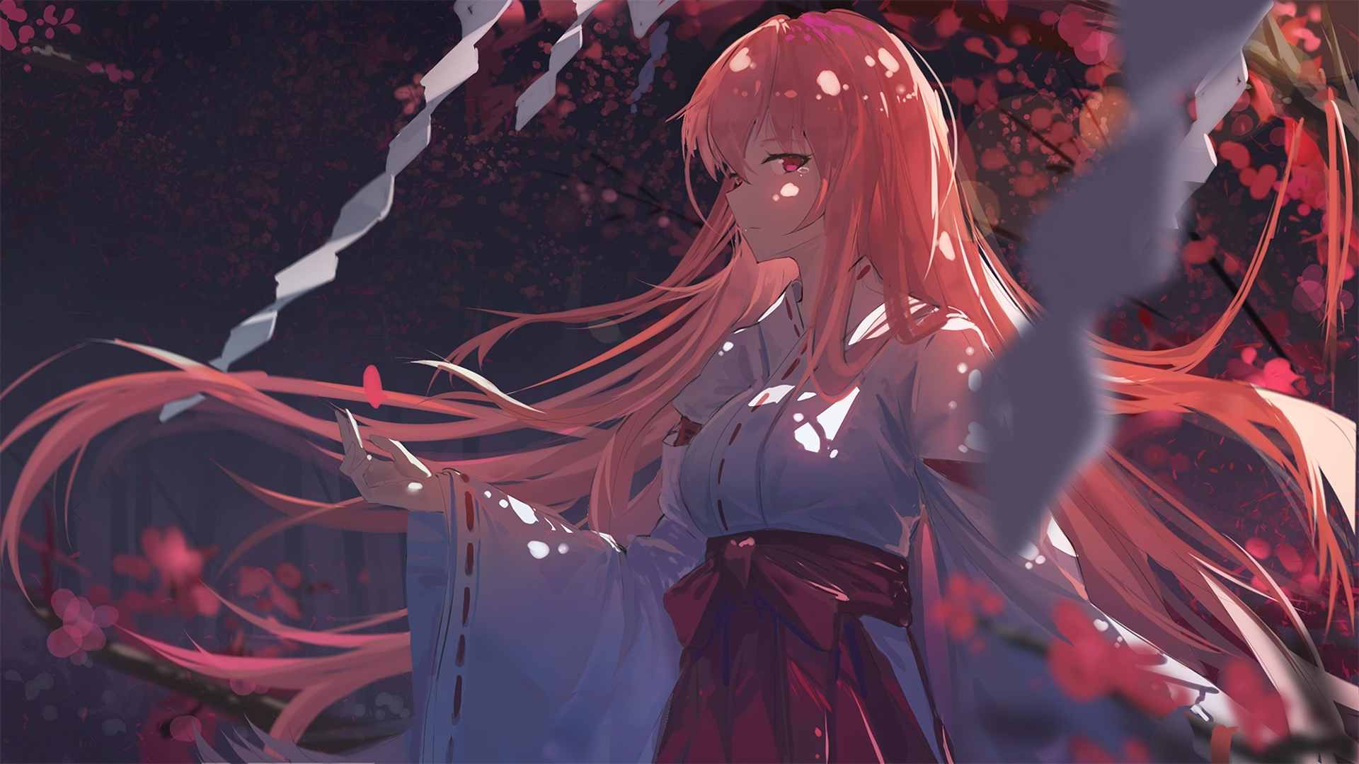 Anime girl with flowing pink hair and pink eyes shedding tears, set against a dark, atmospheric background with red floral accents.