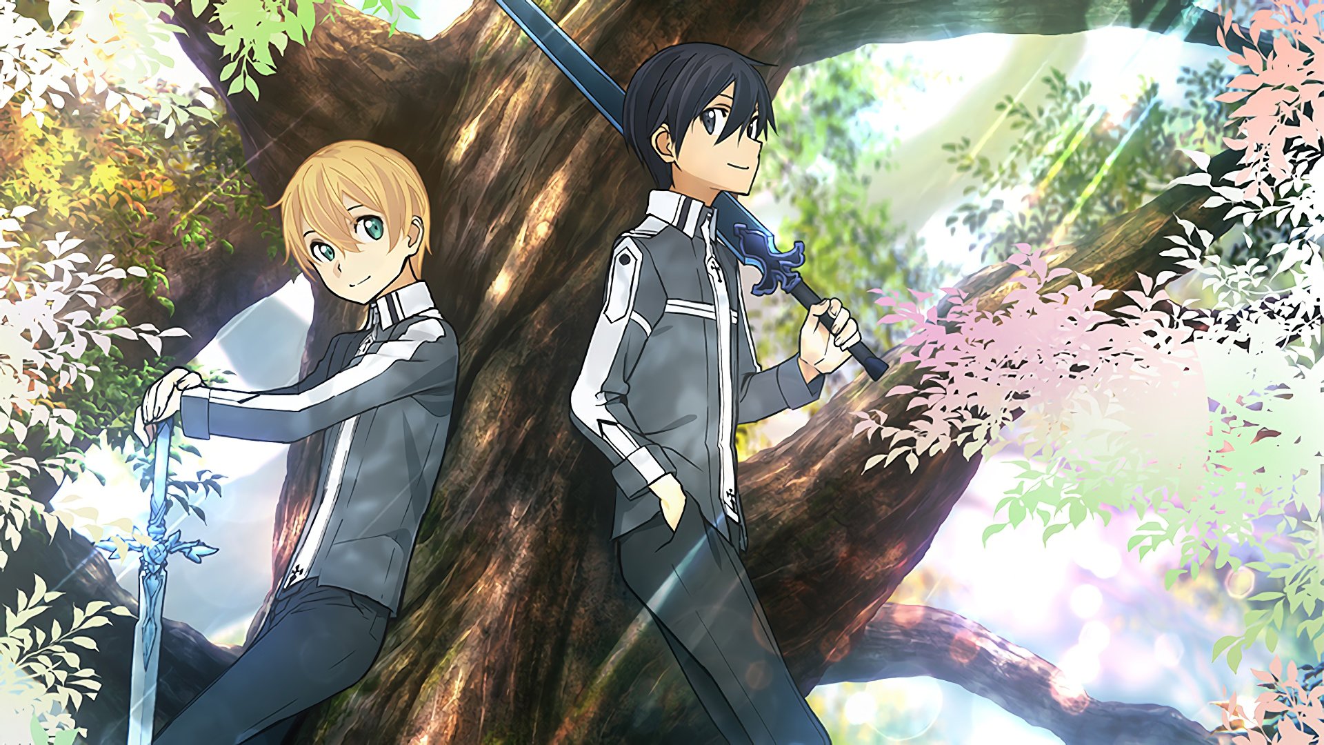 Kirito (Kazuto Kirigaya) and Eugeo from Sword Art Online: Alicization back-to-back under a tree, each holding a sword; Kirito with black hair, Eugeo blonde with blue eyes.