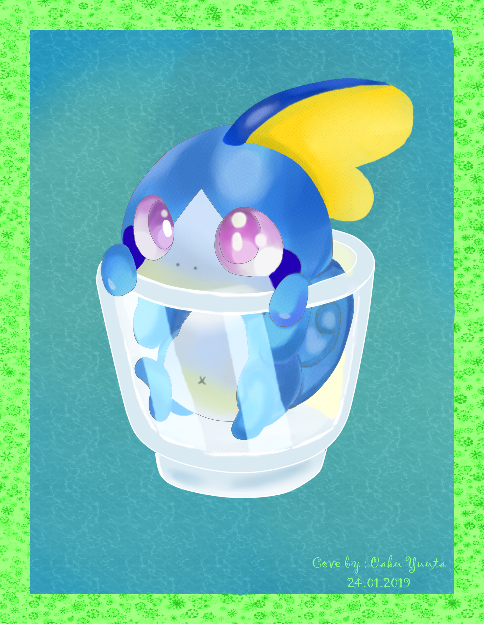 Cute Sobble (Pokémon) from Pokémon: Sword and Shield curled inside a clear glass cup, shiny big eyes and watery blue skin — video game fan art nodding to Pokémon Shield.