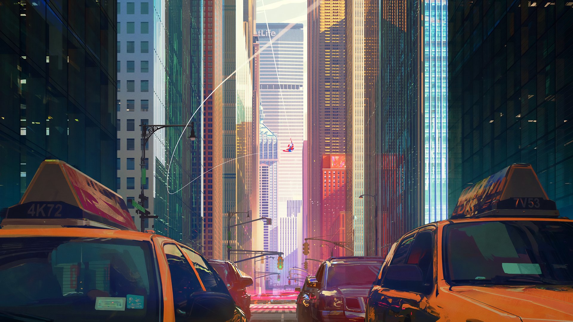 A vibrant comic-style cityscape with tall skyscrapers and yellow taxis, evoking the dynamic atmosphere often seen in Spider-Man stories.