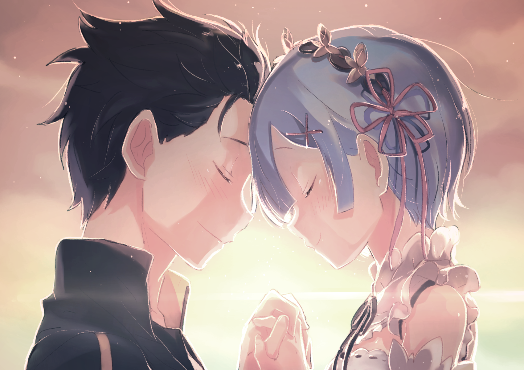A tender moment between Rem and Subaru Natsuki from the anime Re:Zero - Starting Life in Another World, as they share a close embrace, framed by a soft, glowing background.