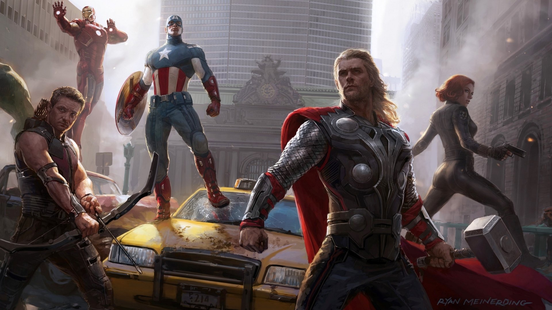 The Avengers assemble in a dynamic scene featuring Hawkeye, Black Widow, Thor, Captain America, and Iron Man, showcasing their iconic looks against a city backdrop.