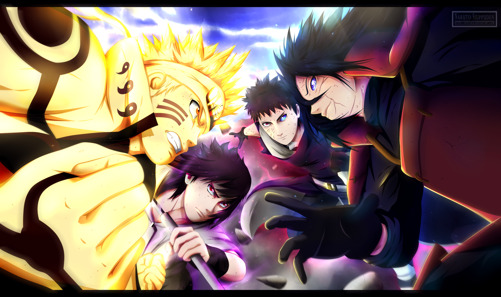 A dynamic scene featuring Naruto Uzumaki, Obito Uchiha, Madara Uchiha, and Sasuke Uchiha, showcasing intense expressions and vibrant colors typical of anime action.