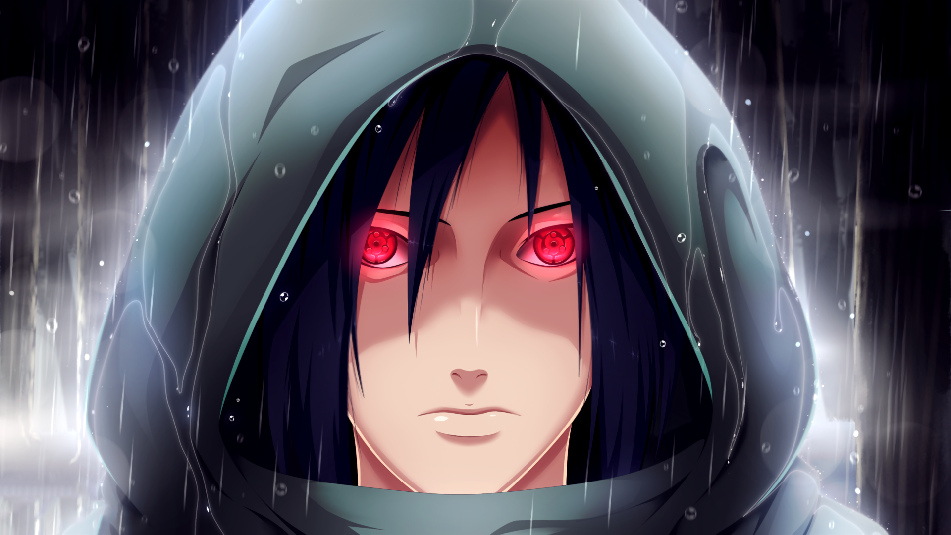 Anime close-up of hooded Madara Uchiha of the Uchiha Clan in rain, glowing red Mangekyō Sharingan — the iconic Sharingan from Naruto.