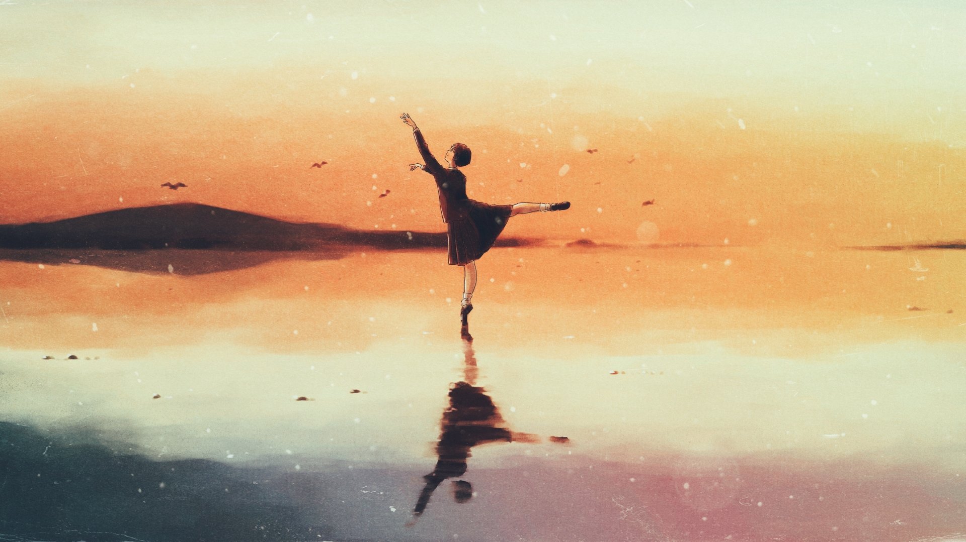 Anime original: a lone ballerina silhouette dancing on a glassy shoreline at sunset, mirrored in calm water with birds and a soft pastel sky.