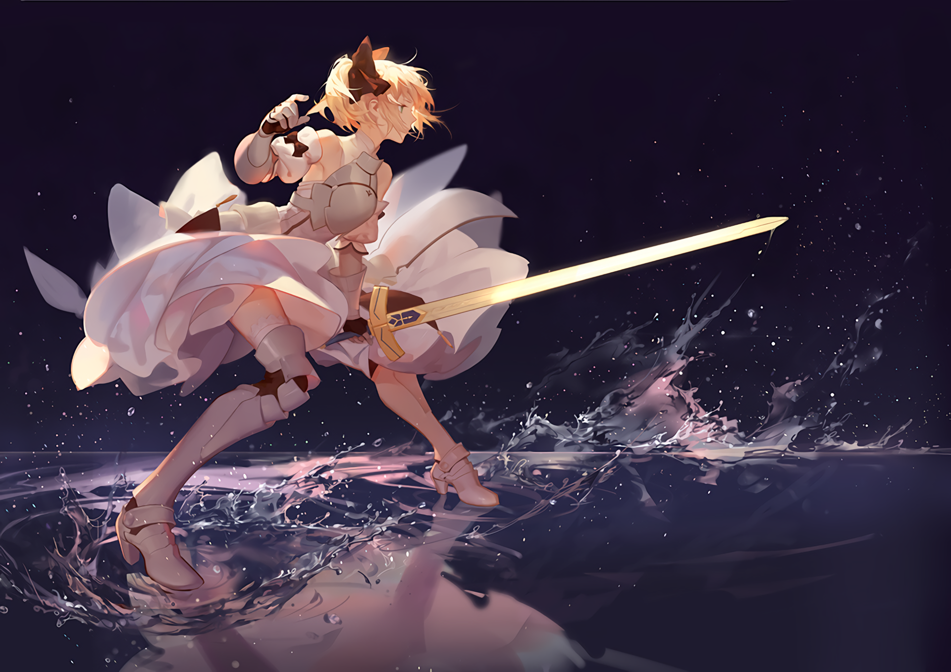Saber from the Fate Series stands poised in water, wielding a glowing sword. Her detailed armor and flowing dress reflect the dynamic style of Fate/Stay Night anime.