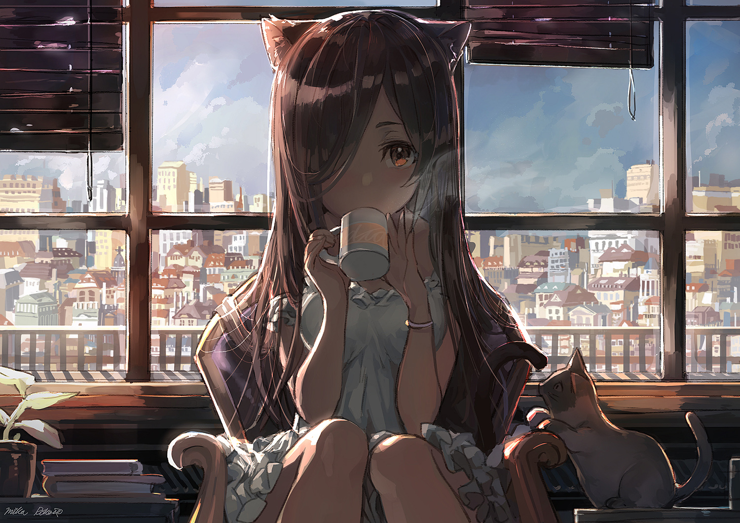 Anime girl with cat ears and an anime cat, sitting by a sunlit window sipping a mug, cityscape stretching across the view behind her.
