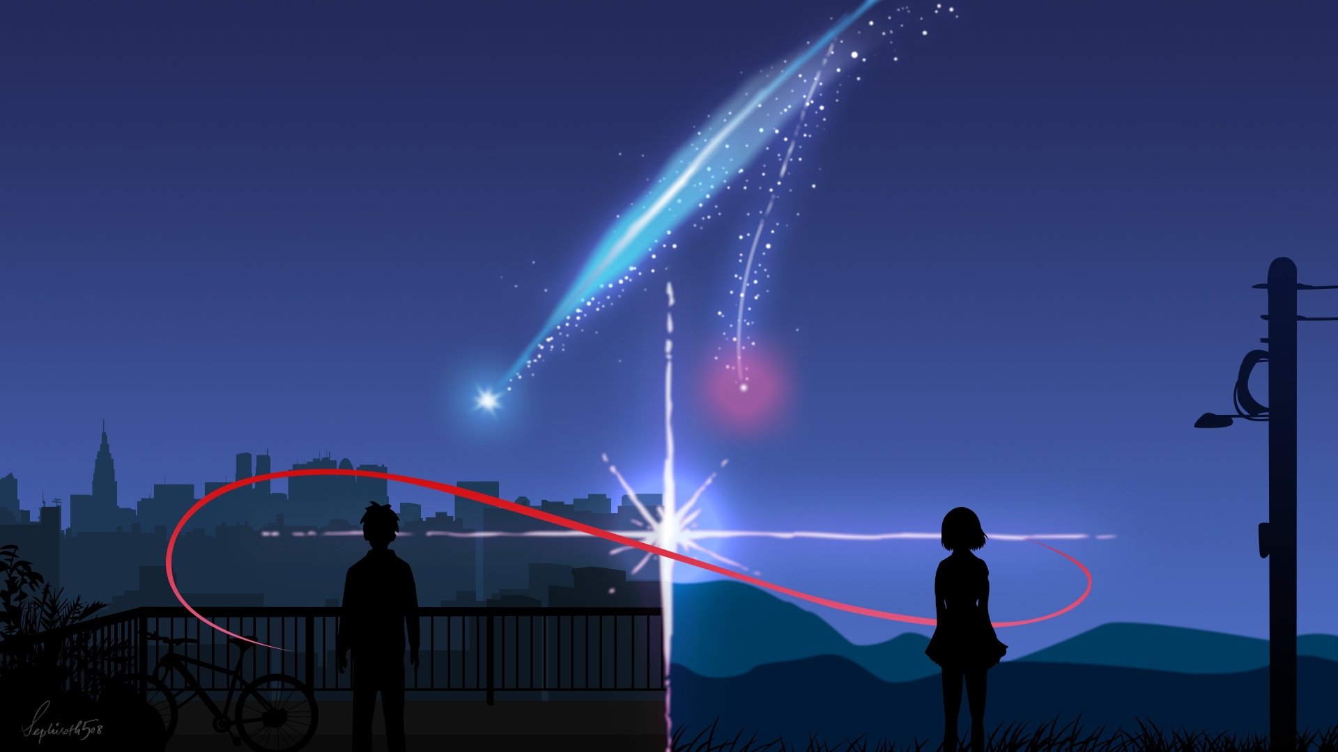 Scene from the anime Your Name: two silhouetted figures stand apart at dusk, a red ribbon looping between them while twin comet tails streak the starry sky above a bright, splitting light.