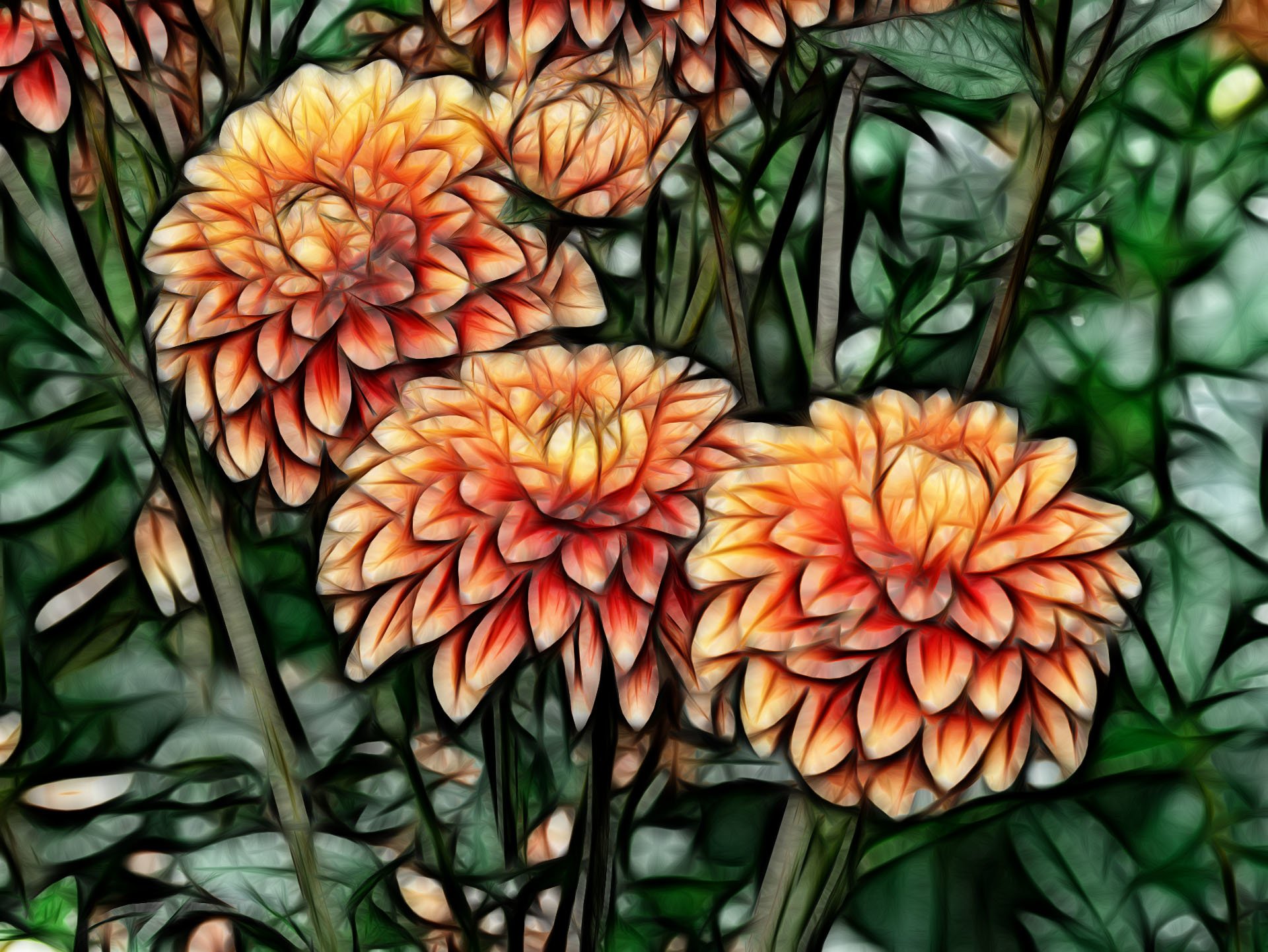 Colorful fractal art depicting vibrant orange flowers with layered petals against a dark green, intricate background.