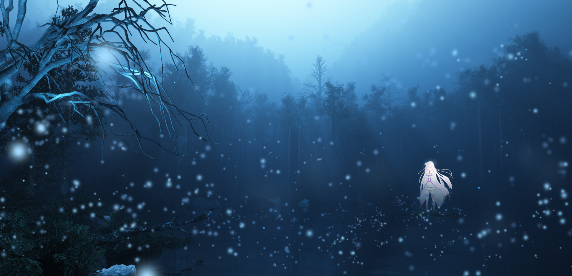 Emilia (Re:ZERO) stands beneath a bare tree in a snowy, moonlit forest, her pale hair and dress glowing in a blue anime scene from Re:Zero - Starting Life in Another World.