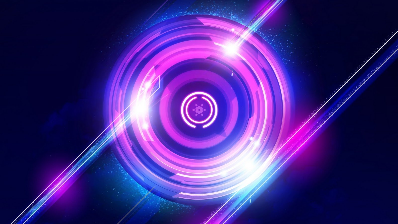 An abstract design featuring a vibrant swirl of pink and blue light, radiating concentric circles and streaks that evoke a sense of dynamic energy and movement.