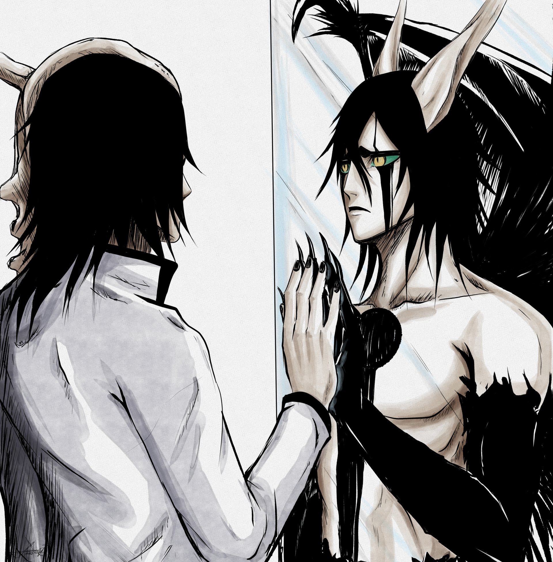 Anime-style Bleach characters face each other through a reflective surface, one in white with short hair, the other with long black hair, horns, and yellow eyes.