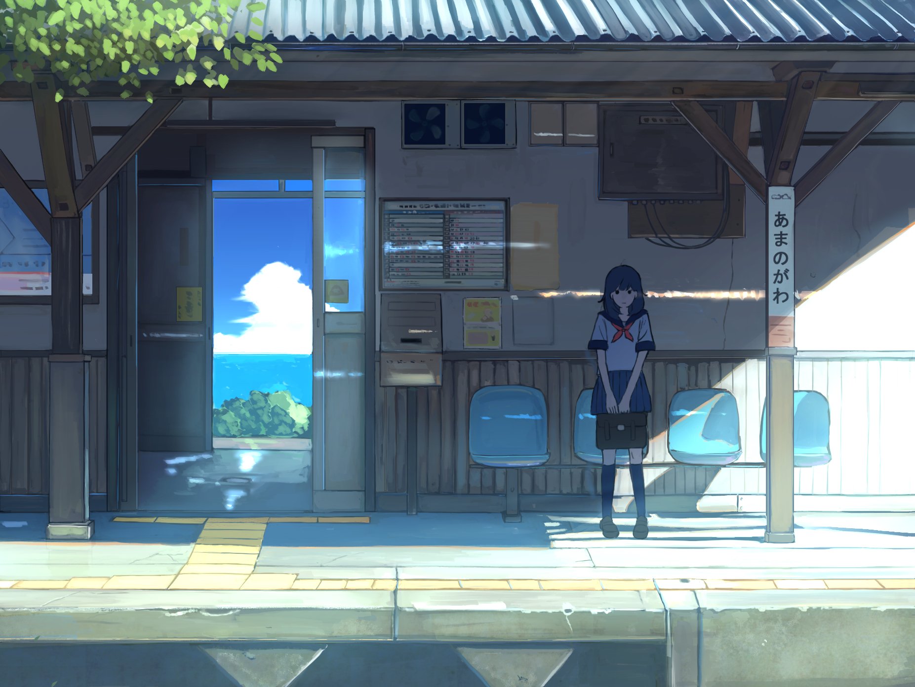 Anime-style scene of a girl in a school uniform standing alone at a quiet, sunlit train station platform with a view of the ocean in the distance.