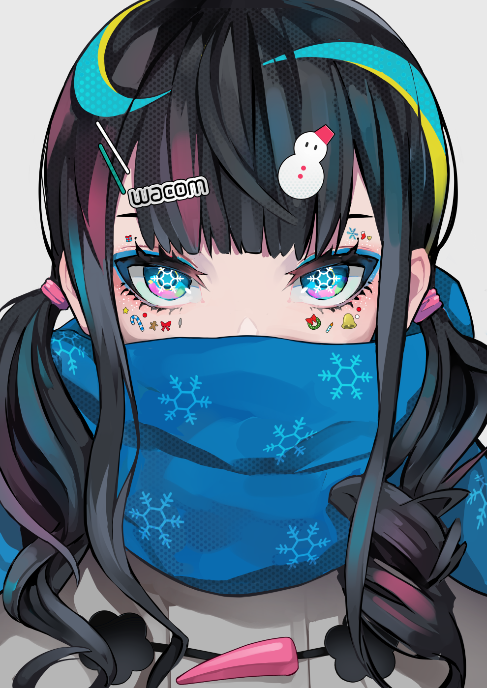 Anime girl with black hair, vibrant blue eyes, and colorful hairpins, wearing a blue scarf adorned with snowflake patterns.