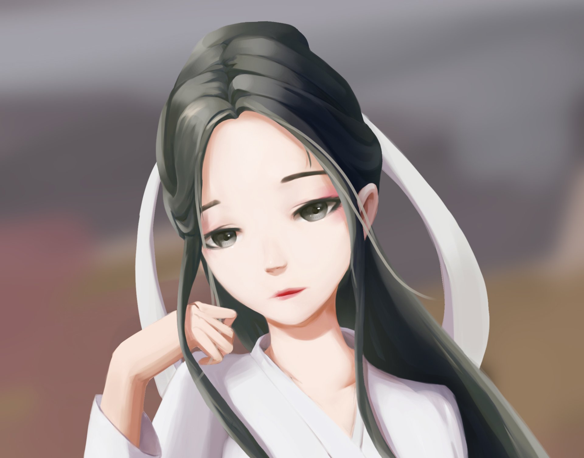 Anime girl with long black hair in a white robe, gentle expression and hand near her face, soft blurred background.