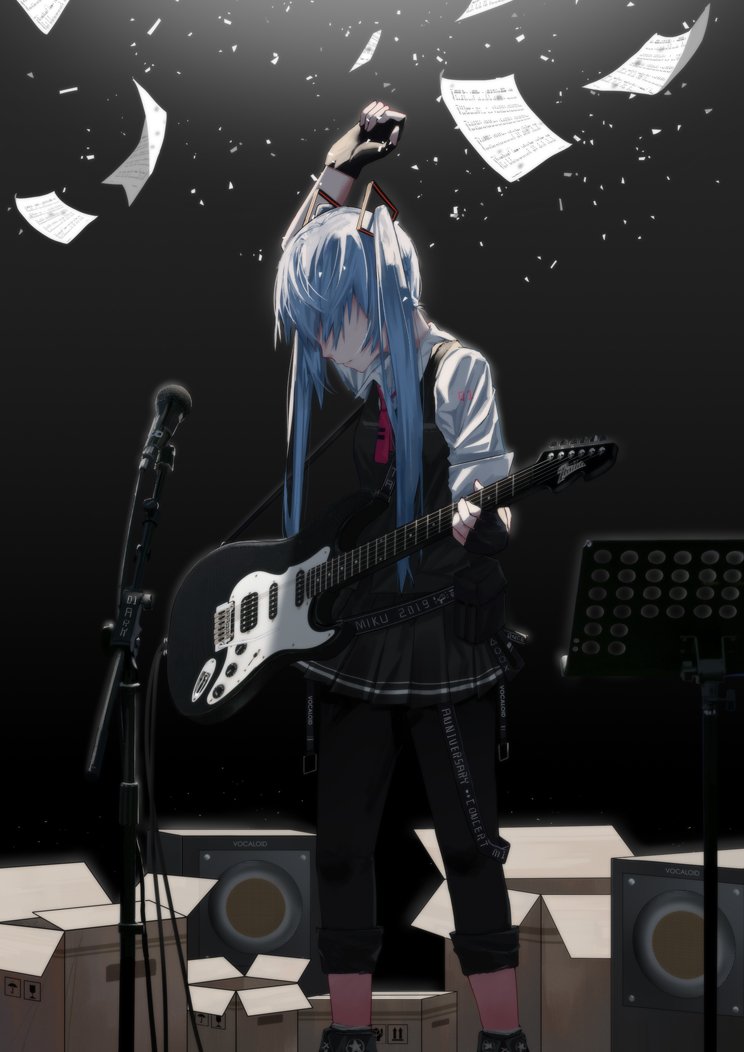 Hatsune Miku, the iconic Vocaloid character, passionately plays guitar on stage, surrounded by scattered sheets of music and boxes, embodying the spirit of anime performance.