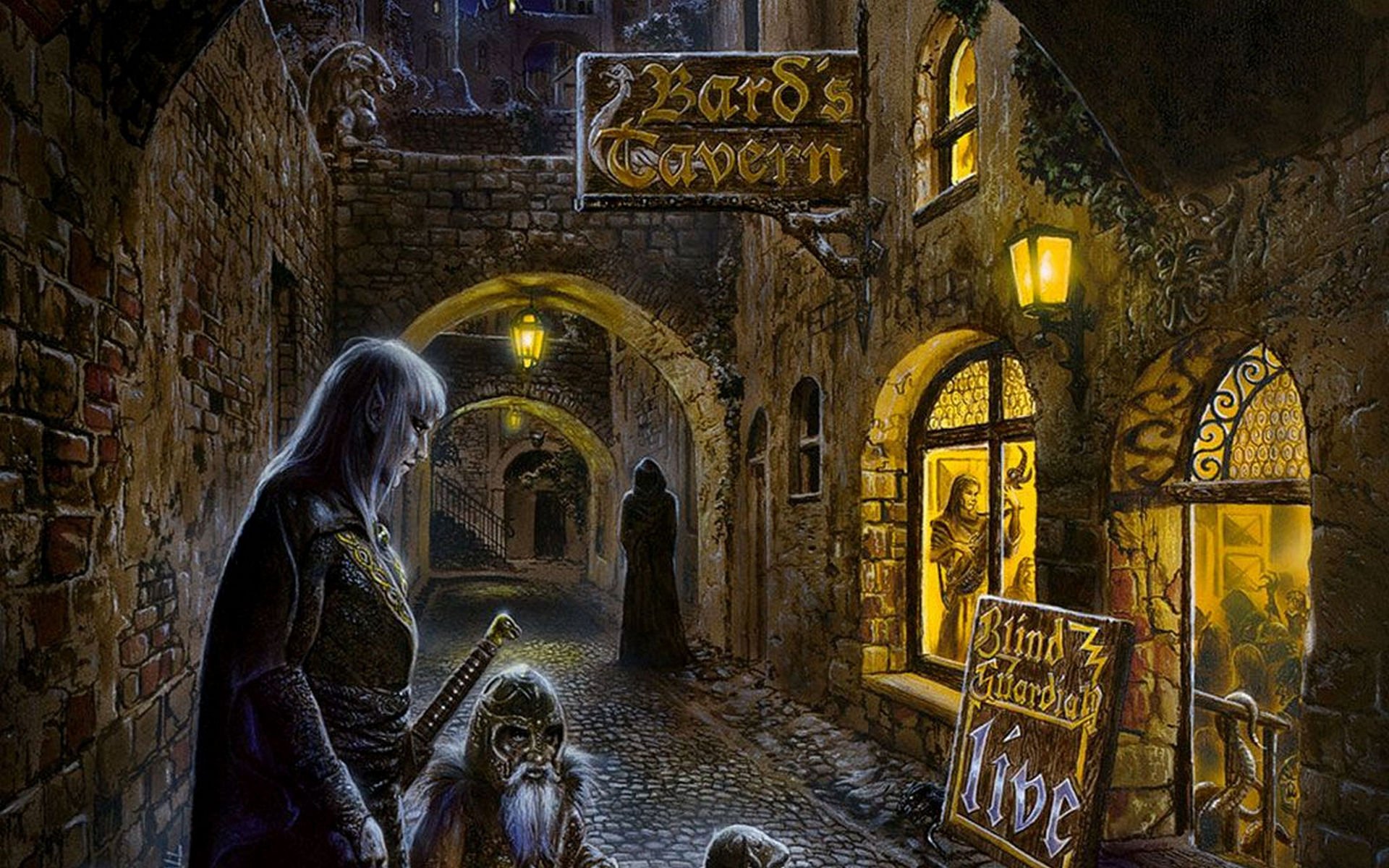 Dark fantasy tavern alley with bards playing under a Bard's Tavern sign, glowing windows and posters — a music scene reminiscent of Blind Guardian album art.