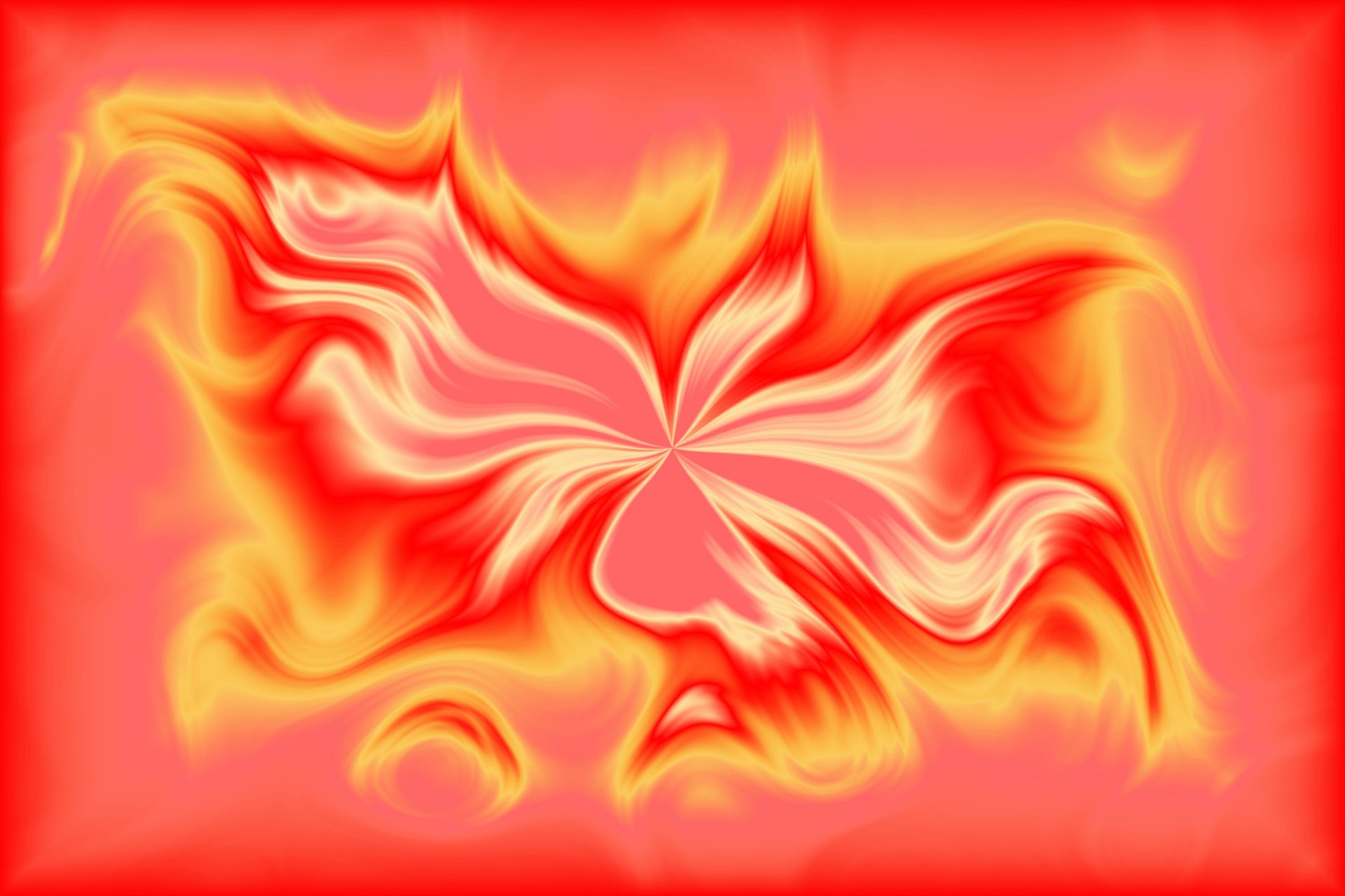 Colorful, artistic abstract of red, orange, and yellow swirls and colors forming petal-like shapes that radiate from a bright central point.