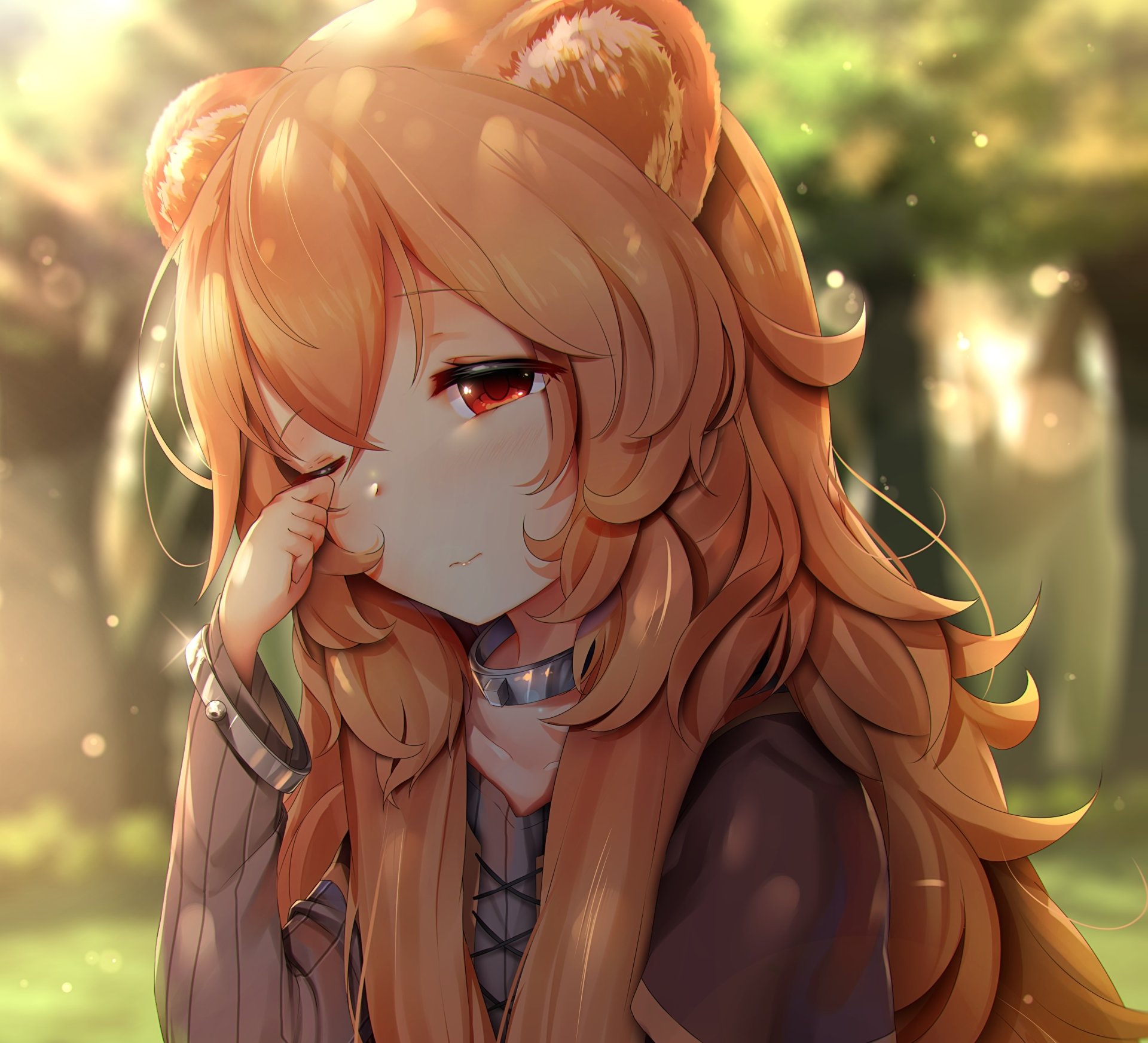 Raphtalia from The Rising of the Shield Hero anime, depicted with long orange hair, fox ears, and a thoughtful expression in a sunlit forest setting.