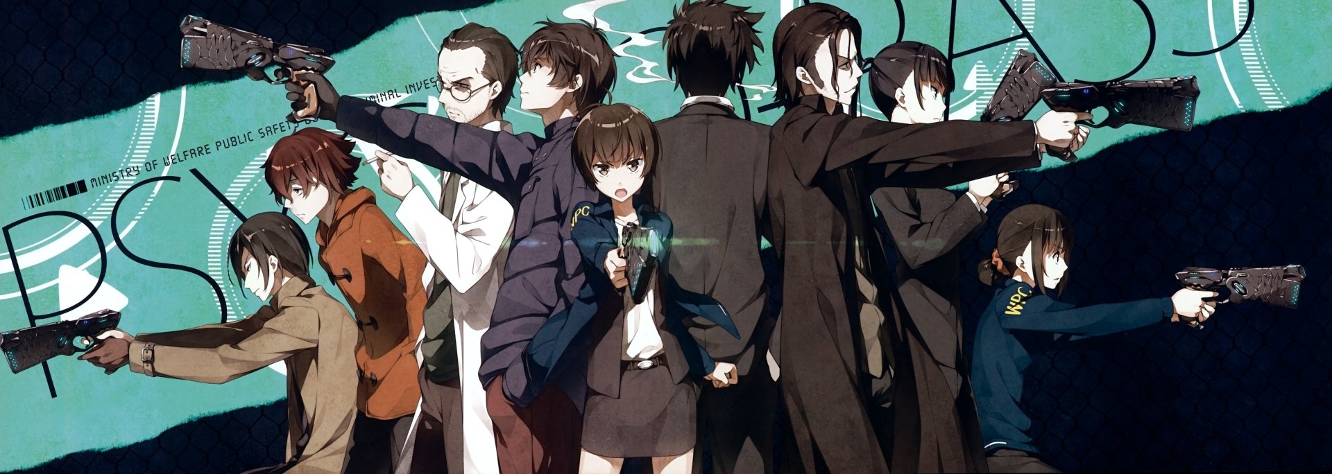 Group of characters from the anime Psycho-Pass, standing back-to-back, holding guns, against a dark teal background with the series title partially visible.