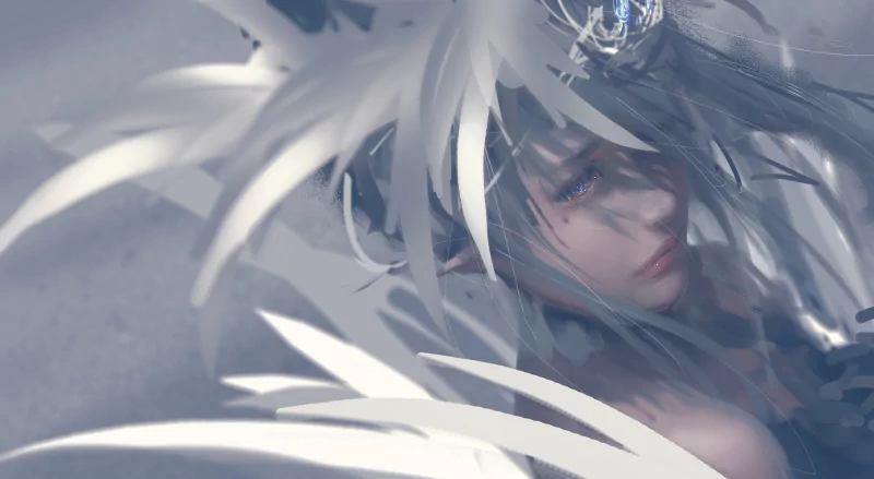 GhostBlade comic close-up of an ethereal white‑haired figure with closed eyes, feathered blade headdress and misty gray tones.