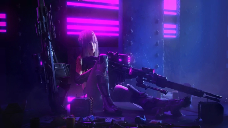 A figure with purple hair sits holding a futuristic cyberpunk-style gun, bathed in neon purple light inside a dark, industrial setting.