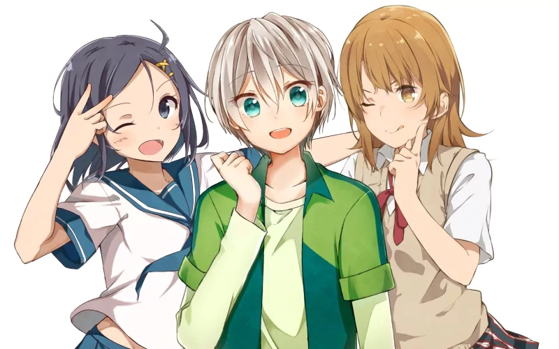 Saika Totsuka, Iroha Isshiki, and Komachi Hikigaya from the anime My Teen Romantic Comedy SNAFU pose together with cheerful expressions.