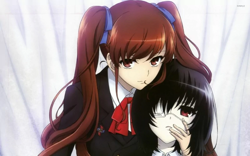 Two anime girls from Another: Izumi Akazawa with brown eyes and twintails tied with bows, and Mei Misaki with black hair, red eye, and an eye patch.