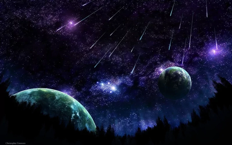 A stunning sci-fi scene featuring two planets under a starry sky streaked with meteors, surrounded by a dark forest silhouette. The deep cosmos shines with vibrant colors and distant galaxies.