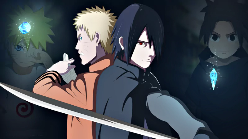 Sasuke Uchiha and Naruto Uzumaki stand back-to-back, poised for battle in this dynamic anime scene from Naruto, showcasing their iconic rivalry and powers.