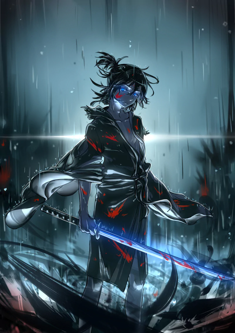 Yato (Noragami) — anime scene from Noragami: rain-soaked Yato in a dark coat, wielding a glowing blue sword, blood-splattered and fierce beneath dramatic backlight.