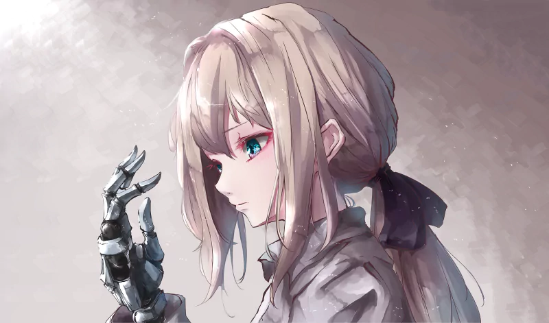A profile view of Violet Evergarden, an anime character, showcasing her long blonde hair and striking blue eyes, with a focus on her mechanical hand.