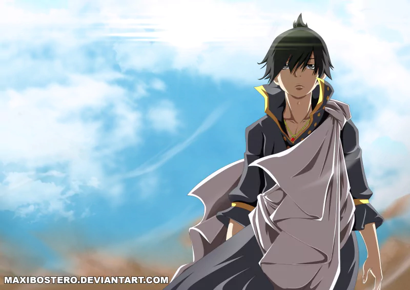 Zeref Dragneel from the anime Fairy Tail stands against a bright blue sky, wearing dark clothing with a flowing white cloak.