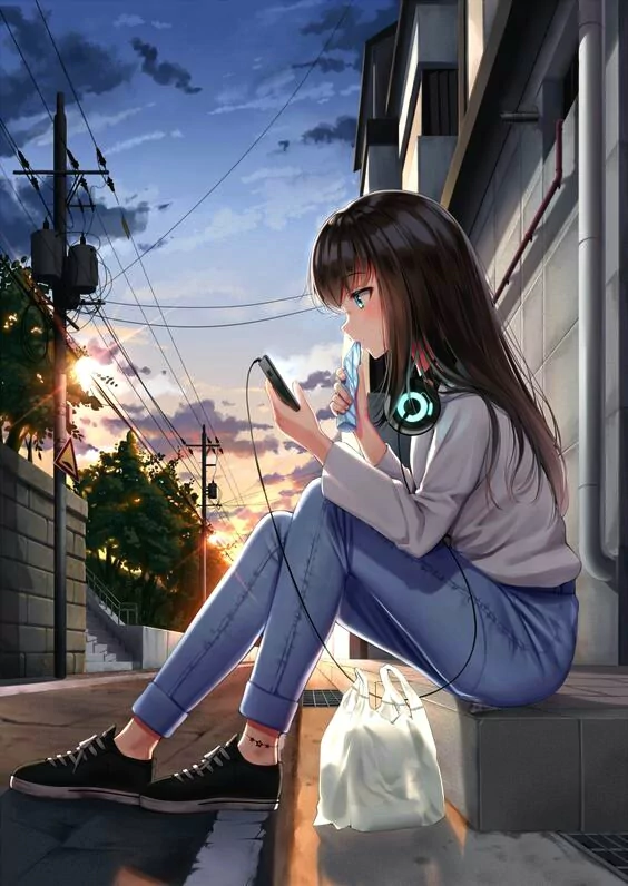 Anime girl in jeans sits on a curb at sunset, wearing headphones and scrolling her phone.