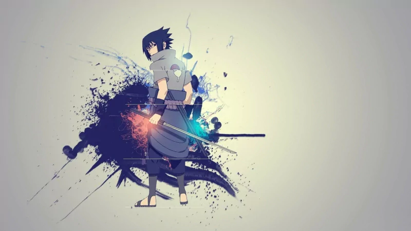 Anime-style image of Sasuke Uchiha from the Uchiha Clan with black hair, wielding a sword against a dark, abstract background.