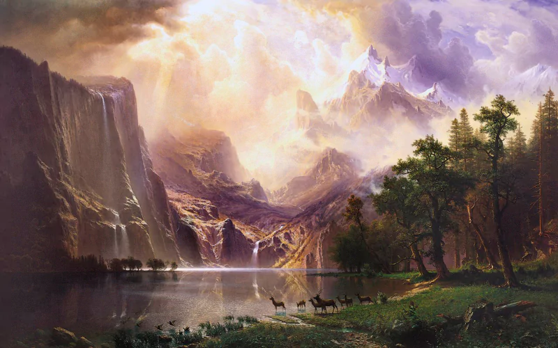 Artistic oil painting depicting a serene mountain landscape with towering peaks, a tranquil lake, and deer grazing near a forested shore under a dramatic sky.