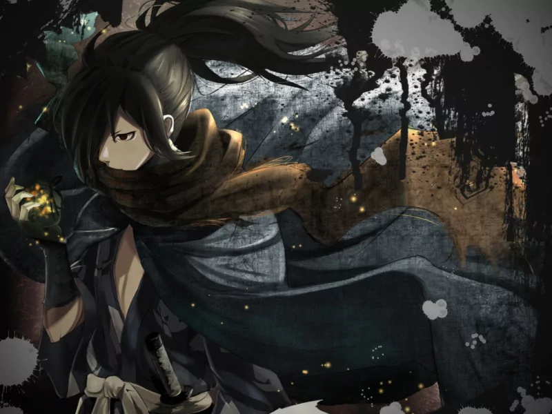 Hyakkimaru (Dororo) in a dark cloak and scarf, grim expression, prosthetic hand glinting, ink-splattered ruined backdrop — anime art from Dororo.