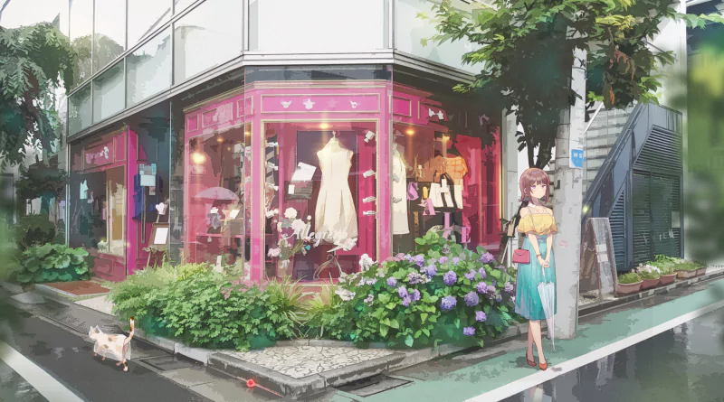 Anime scene showing a girl with short brown hair in a skirt and dress holding an umbrella near a pink shop, accompanied by a small anime-style cat amidst flowers and greenery.