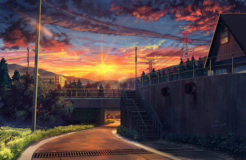 Anime-style scene of a quiet street with stairs leading up beside a house, framed by a vibrant sunrise casting warm light and colorful clouds across the sky.