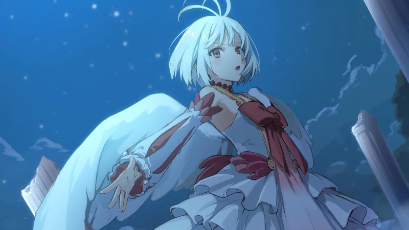Fitoria from The Rising of the Shield Hero — an anime character with short blue hair and large white wings, gazing down under a starry night in a white-and-red ornate dress.
