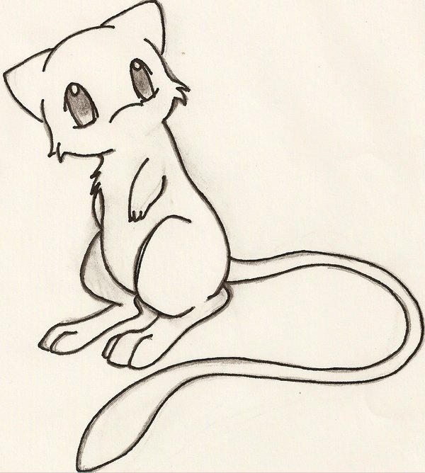 A line drawing of Mew, the iconic Pokémon, depicted sitting with a curious expression, showcasing its large eyes and long tail, capturing its playful and mystical nature.