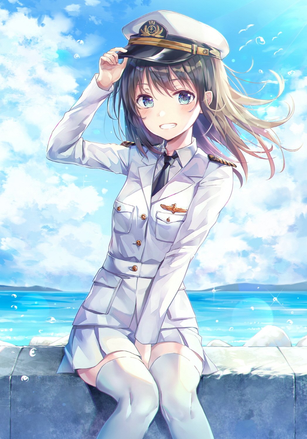 A cheerful anime girl with black hair in a white uniform and captain's hat sits by the ocean, smiling against a bright sky, conveying a sense of adventure and joy.