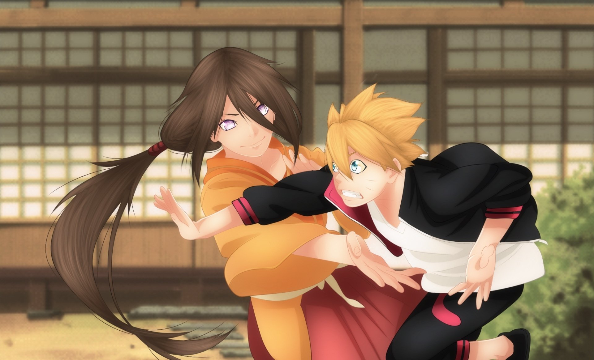 Hanabi Hyûga and Boruto Uzumaki, characters from the anime Boruto, are engaged in a dynamic training or combat scene inside a traditional wooden dojo.